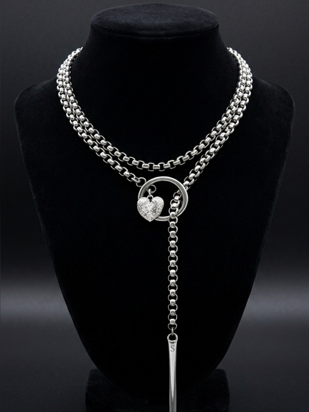 Double-Layer Silver Chain Necklace with Heart Lariat